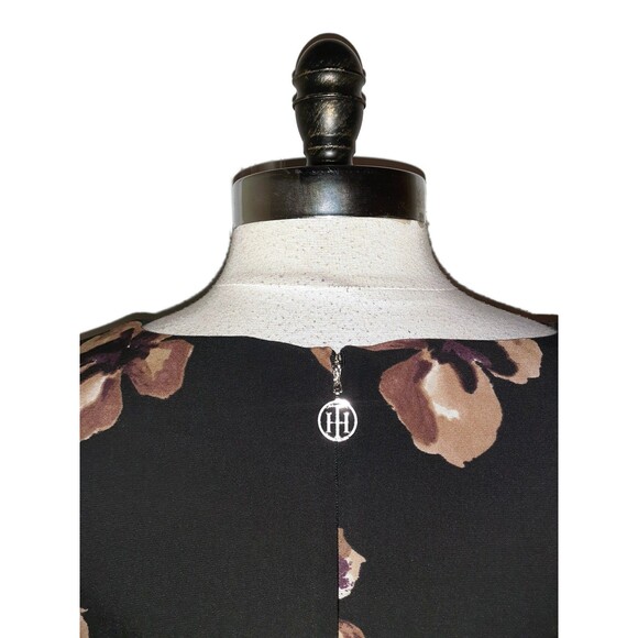 TOMMY HILFIGER Size 10 A-Line Dress Black Brown Floral 3/4 Sleeve Stretch Knit - Picture 6 of 7